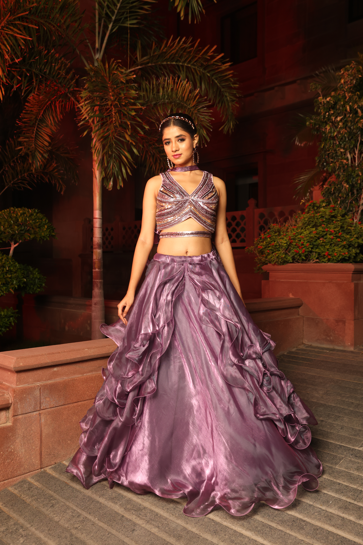 Metallic Mauve Ruffle Lehenga Set