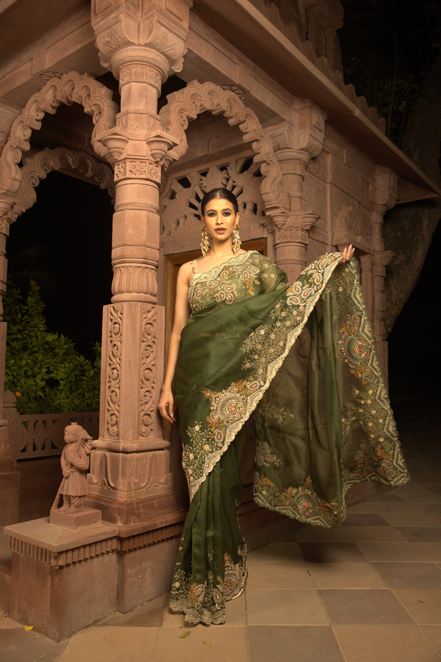 Olive Green Heritage Embellished Saree