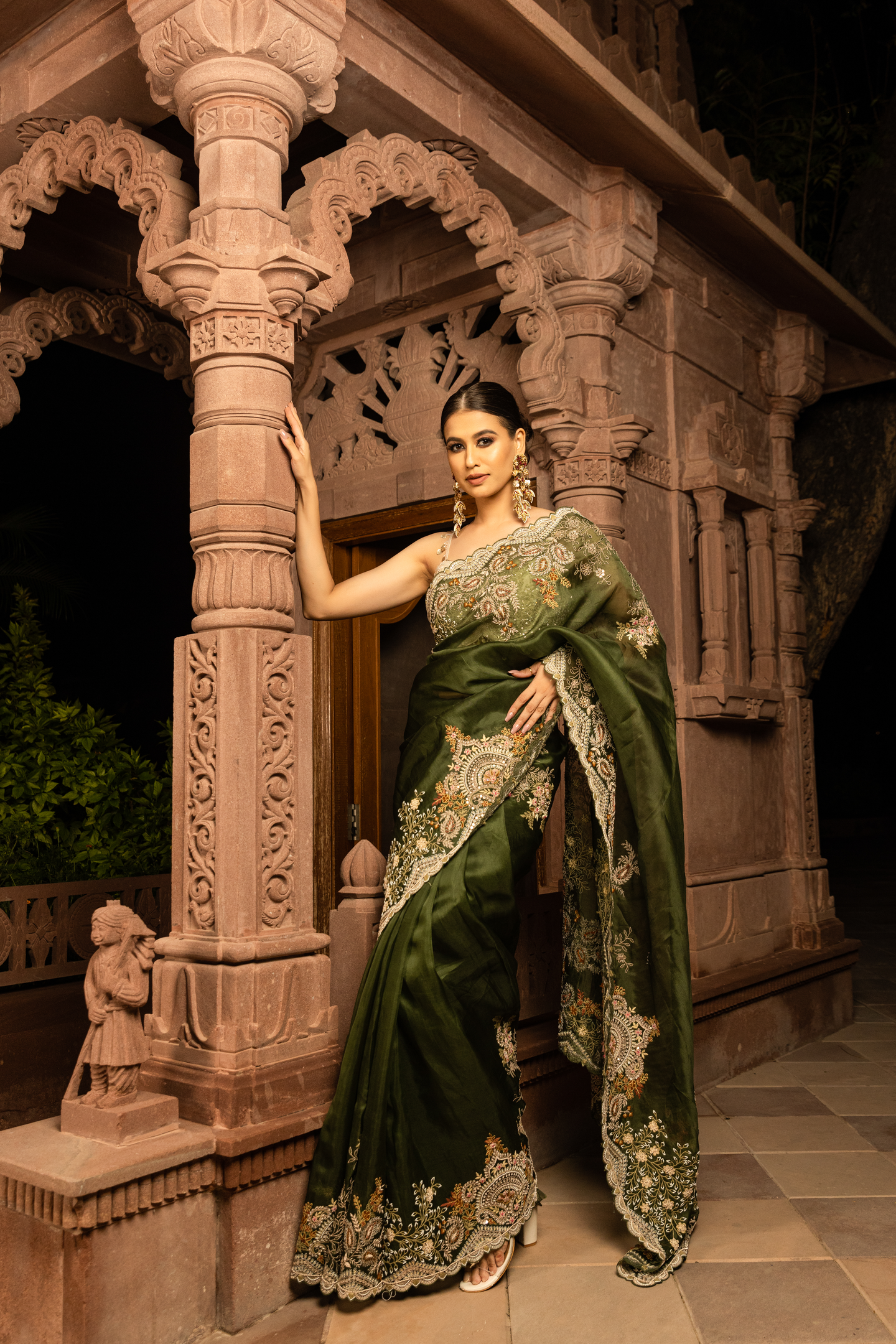 Olive Green Heritage Embellished Saree
