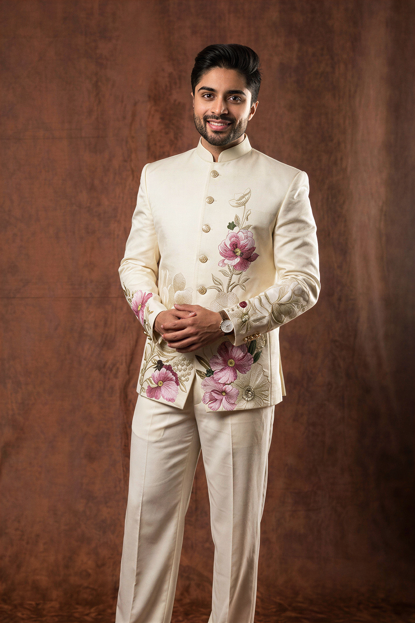 Ivory Floral Embroidered Bandhgala Suit