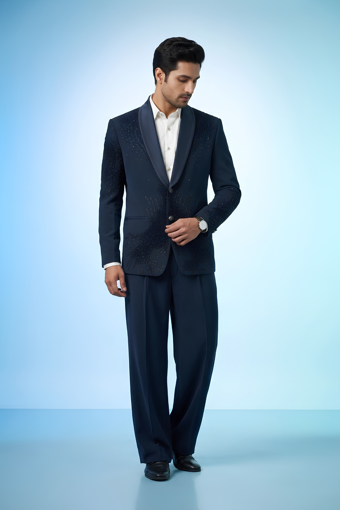 Midnight Blue Beaded Tuxedo Blazer