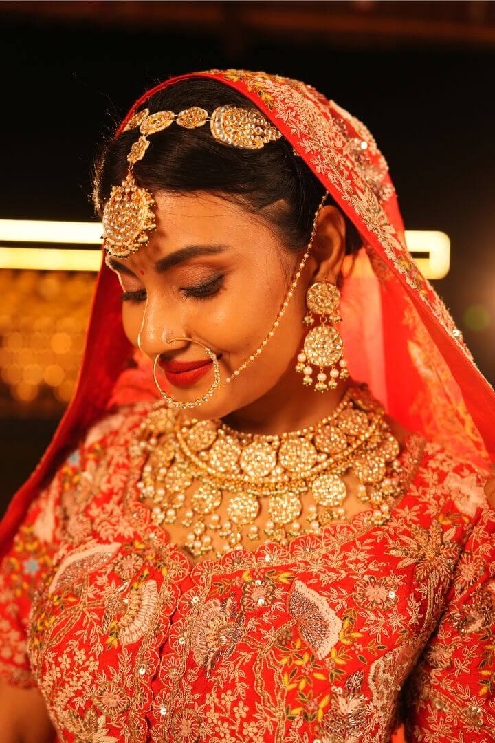 Nude Beige & Scarlet Red Bridal Lehenga Set