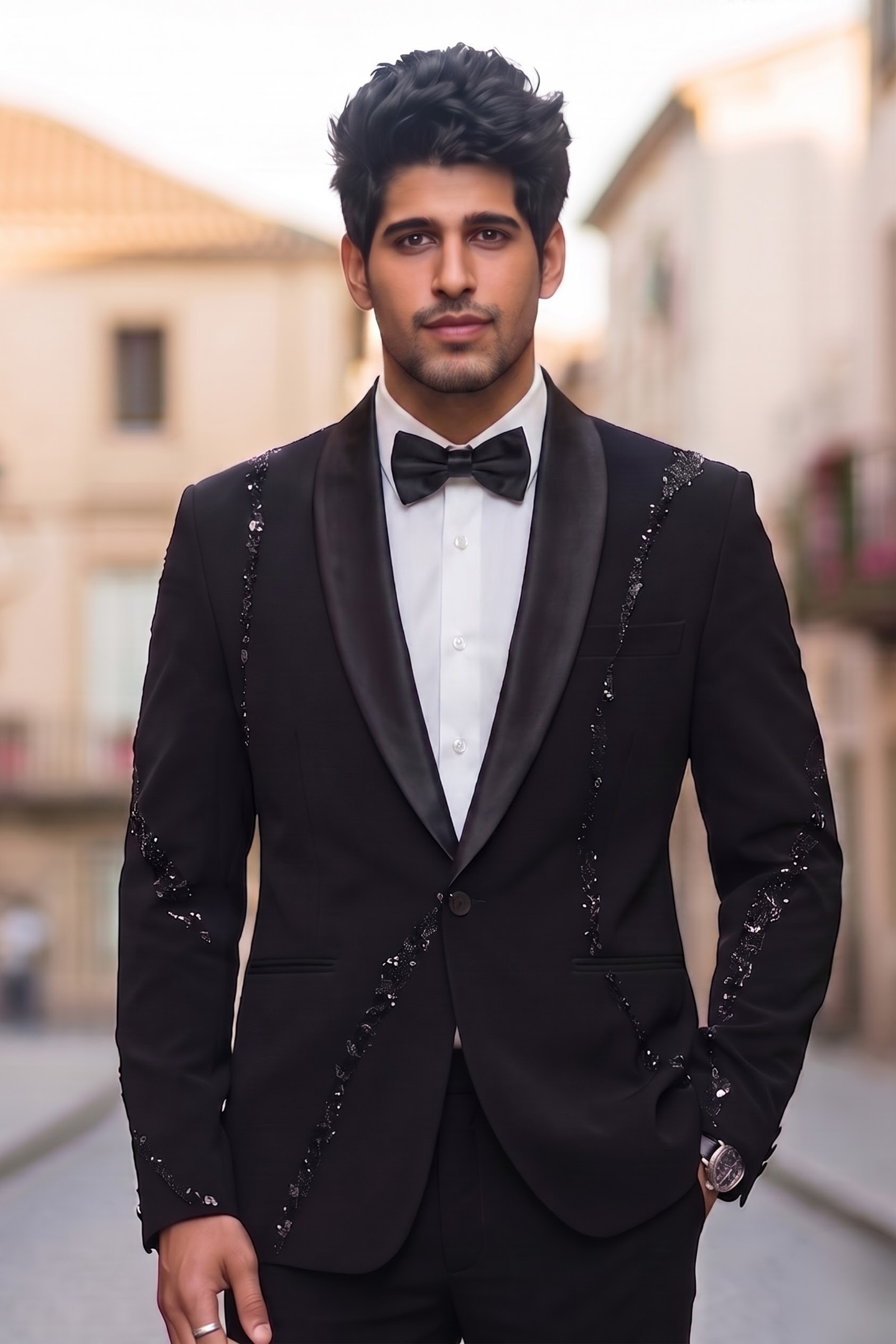 Midnight Black Embroidered Tuxedo Blazer
