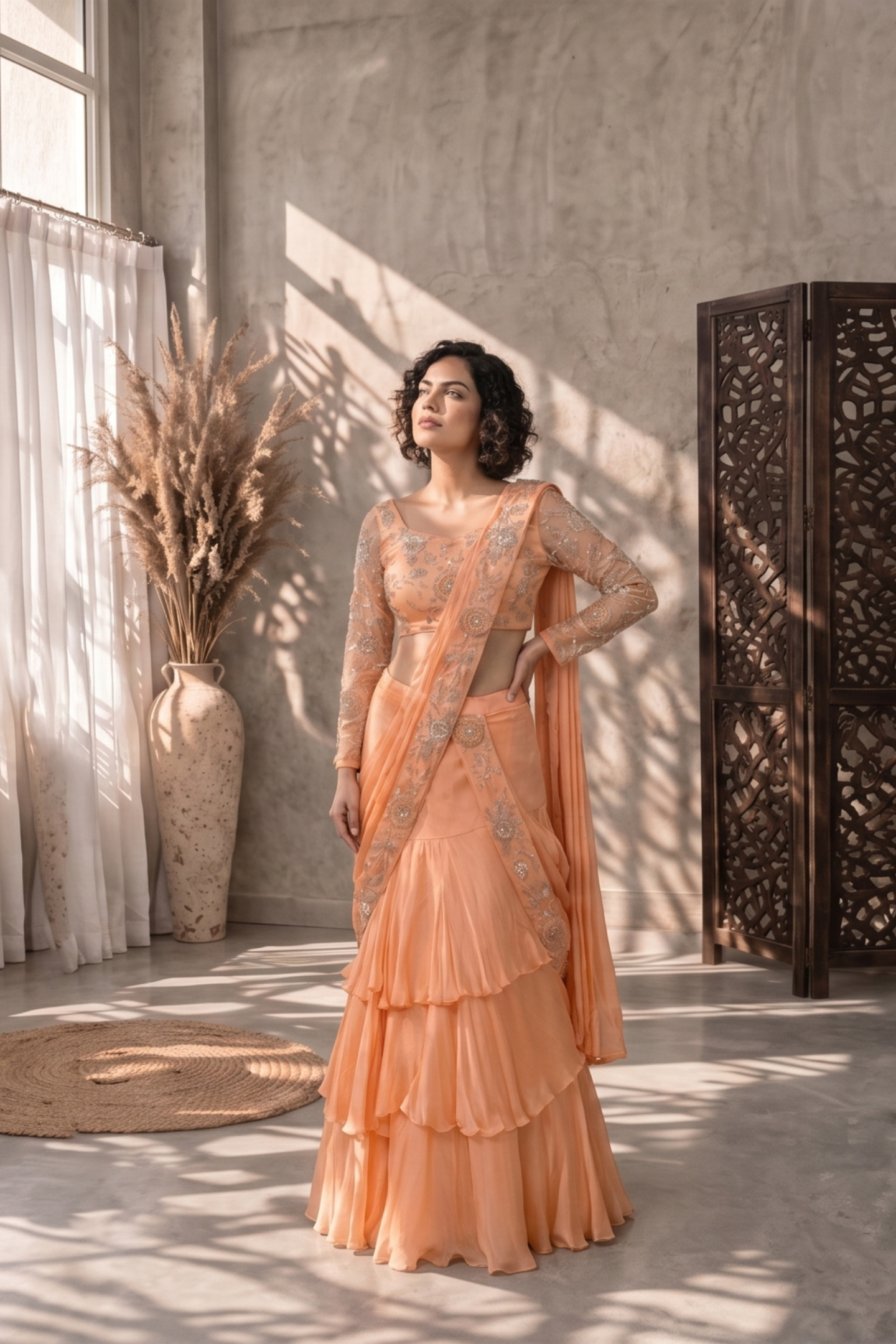 Peach Tiered Embroidered Drape Lehenga Set