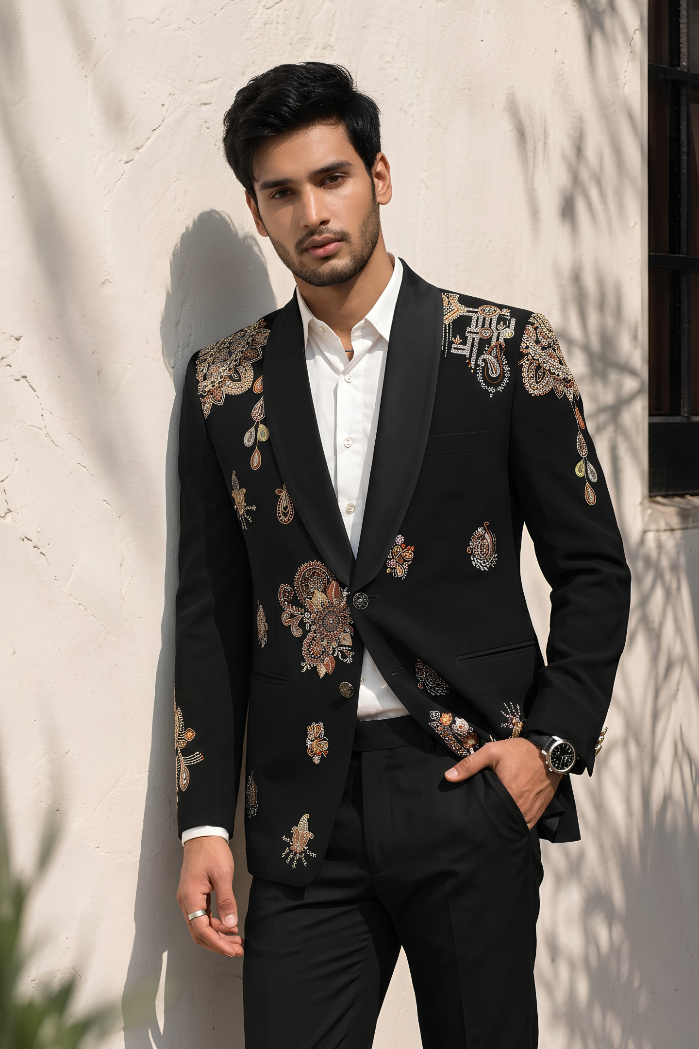 Black Paisley Heritage Embroidered Tuxedo Blazer