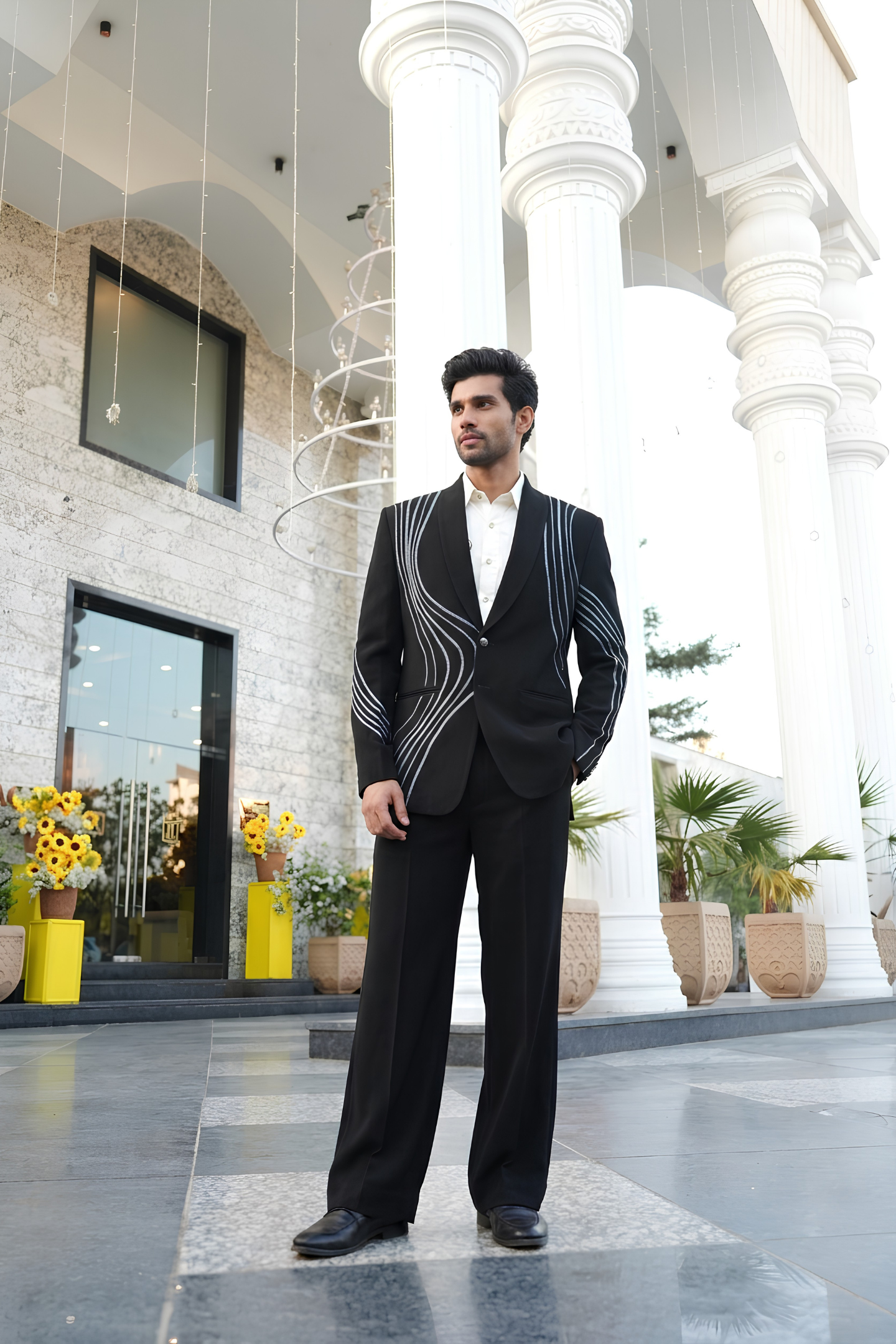 Black Light Blue Curved Line Embroidered Tuxedo Blazer