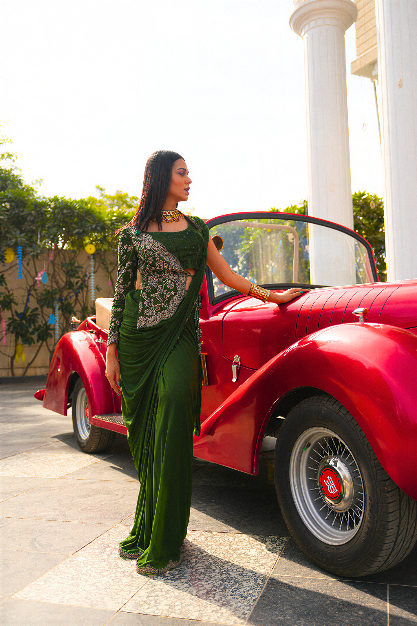 Emerald Green Embellished Drape Saree with Side Jacket