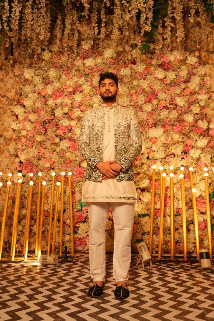 Beige & Sage Green Embellished Bundi Jacket Set