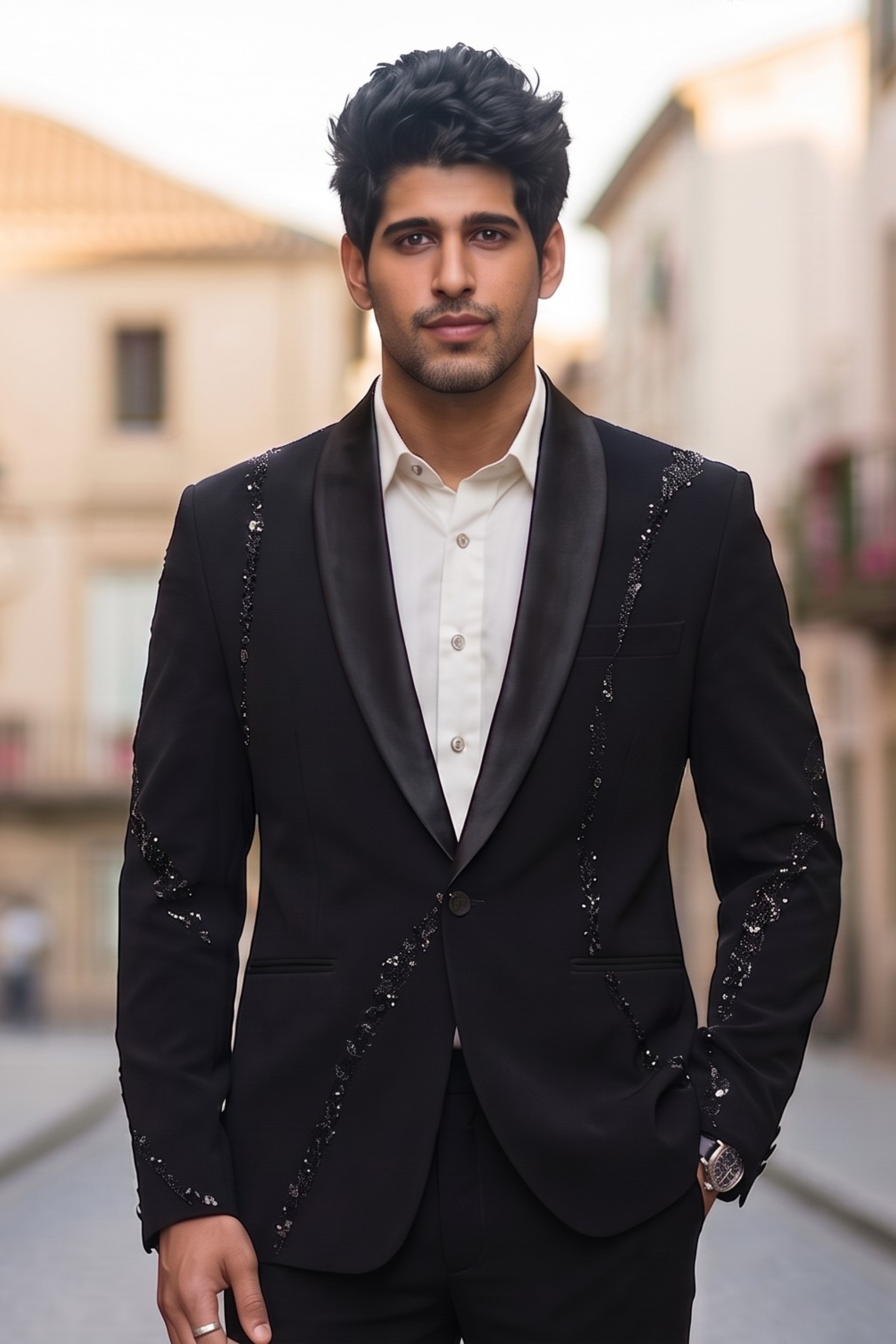 Midnight Black Embroidered Tuxedo Blazer