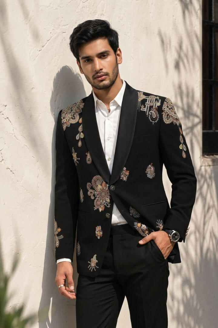 Black Paisley Heritage Embroidered Tuxedo Blazer