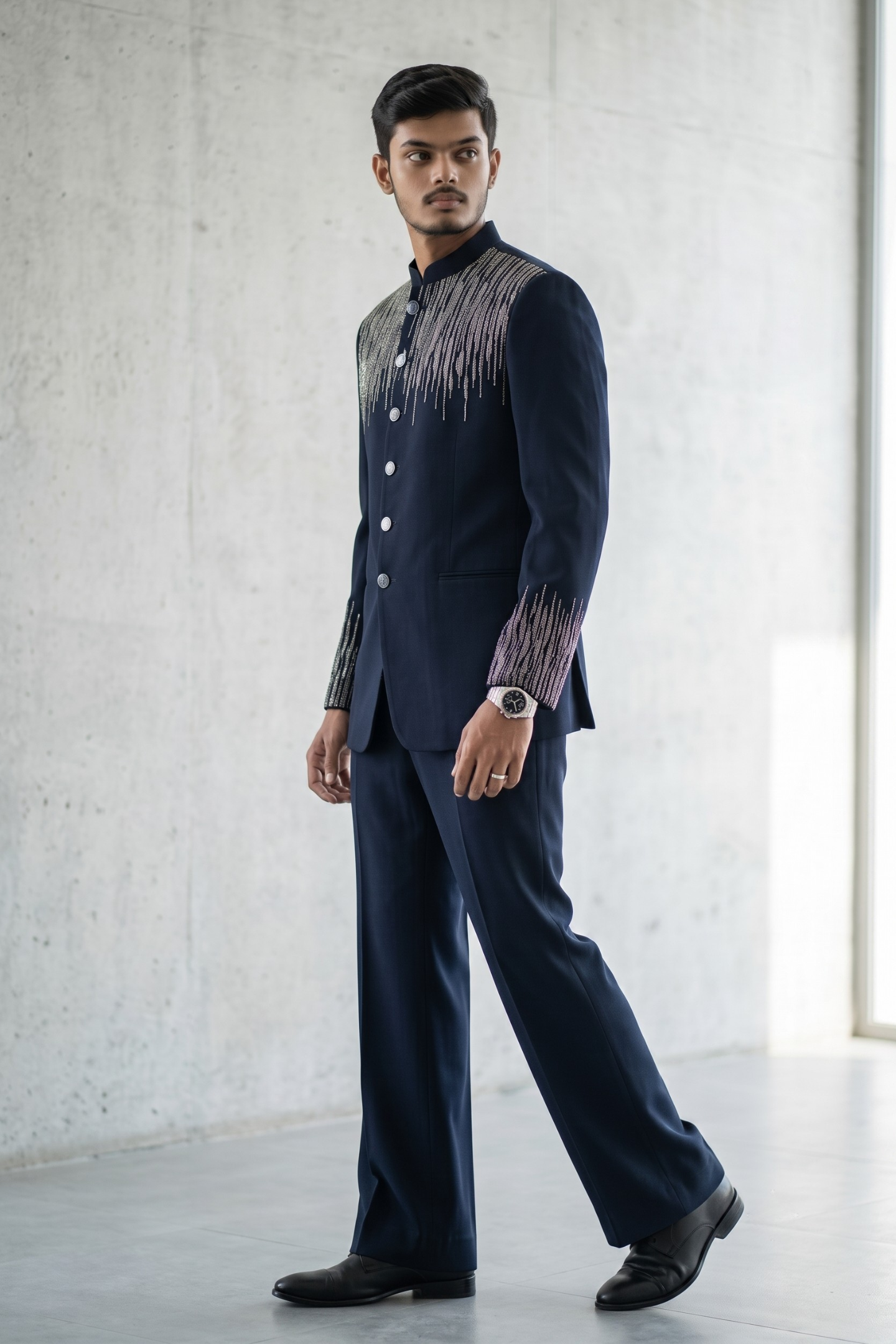 Midnight Blue Crystal Cascade Jodhpuri Suit