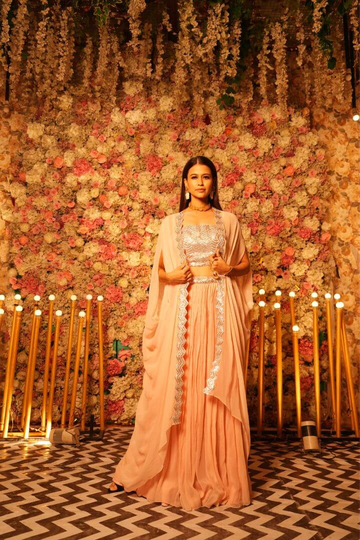 Peach Pink Embellished Crop Top & Skirt Set