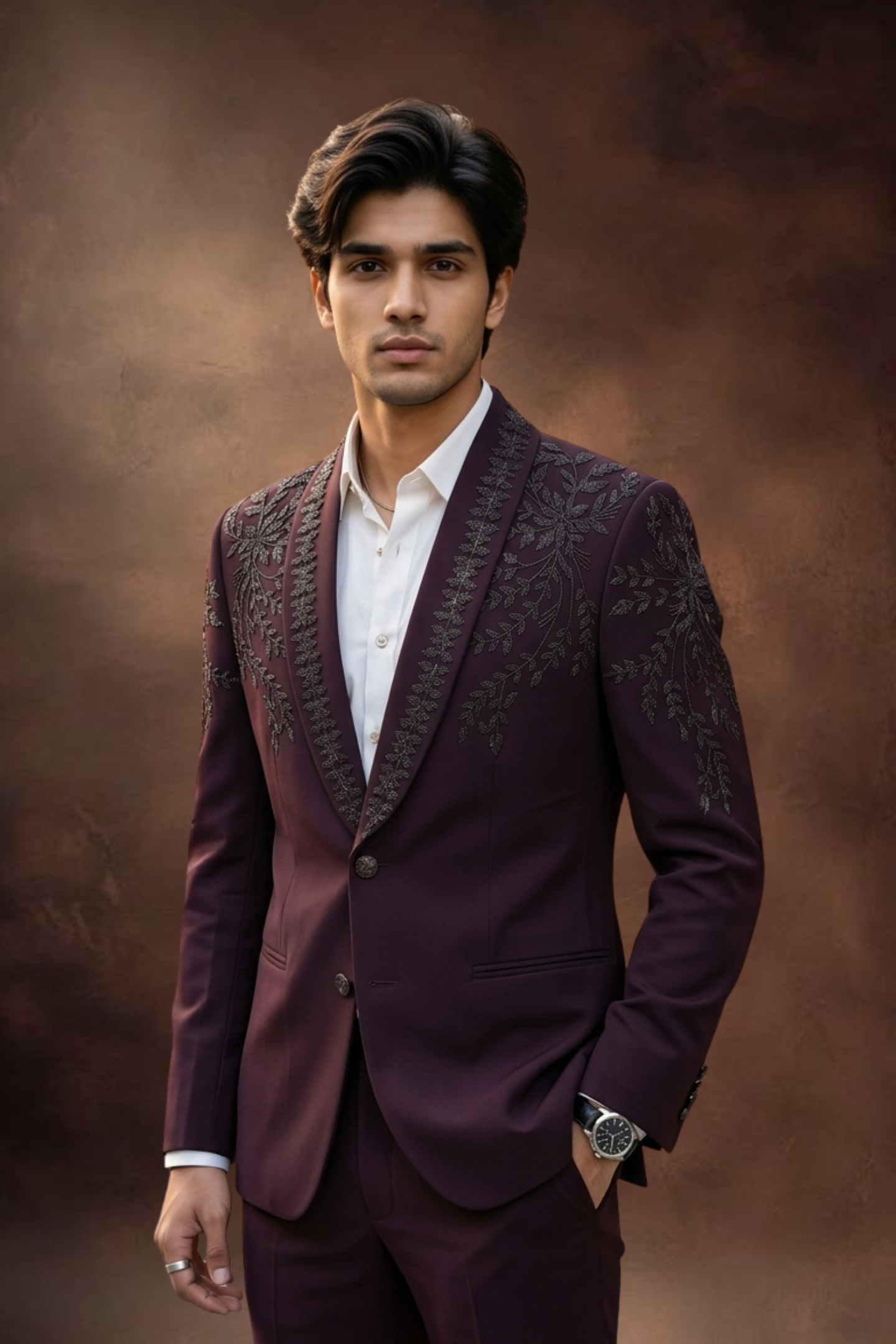 Deep Plum Floral Beaded Tuxedo Blazer