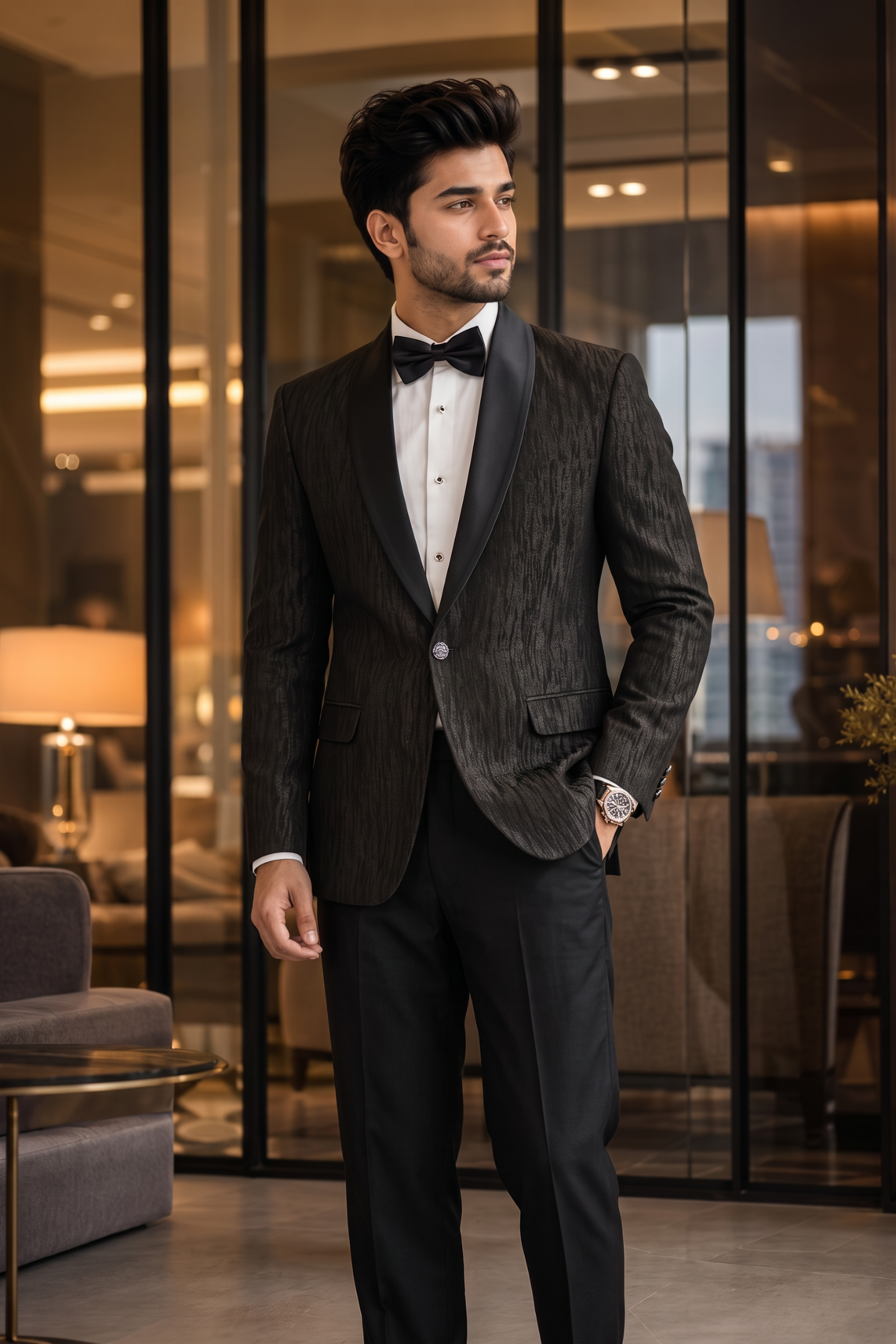 Charcoal Brown Textured Shawl Lapel Tuxedo