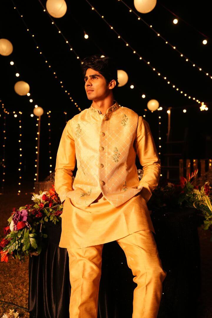 Golden Beige Floral Embroidered Nehru Jacket Kurta Set