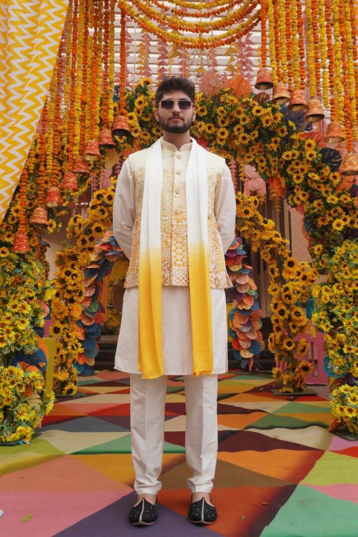 Ivory & Gold Embroidered Kurta Jacket Set