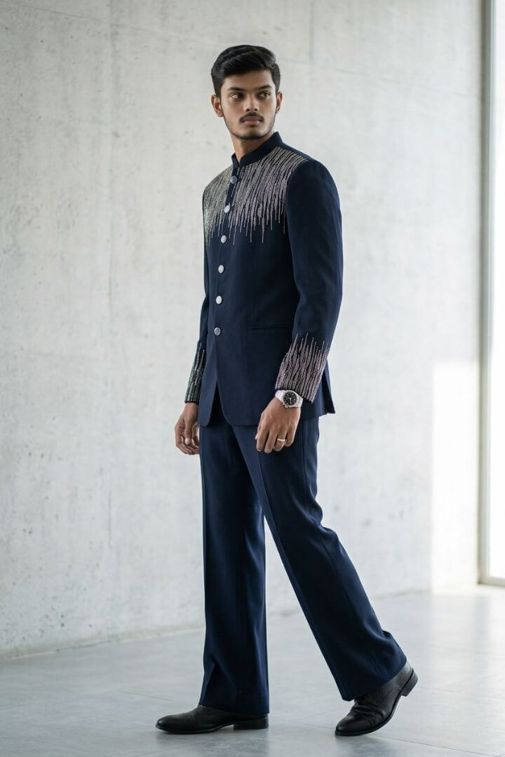 Midnight Blue Crystal Cascade Jodhpuri Suit