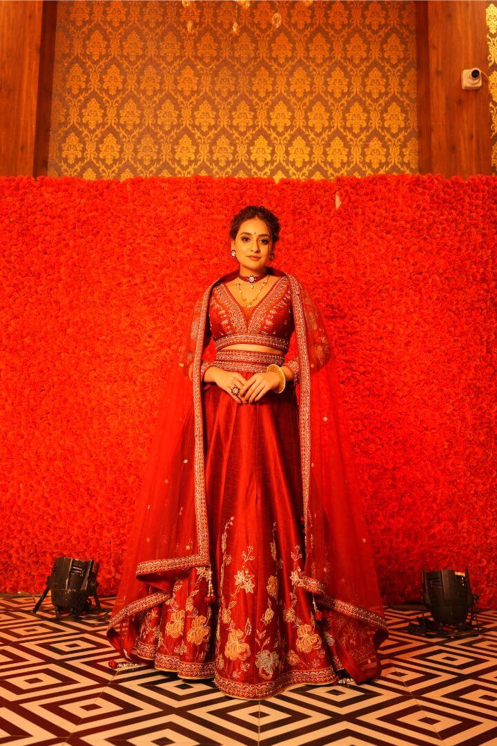 Tomato Red Embroidered Bridal Lehenga