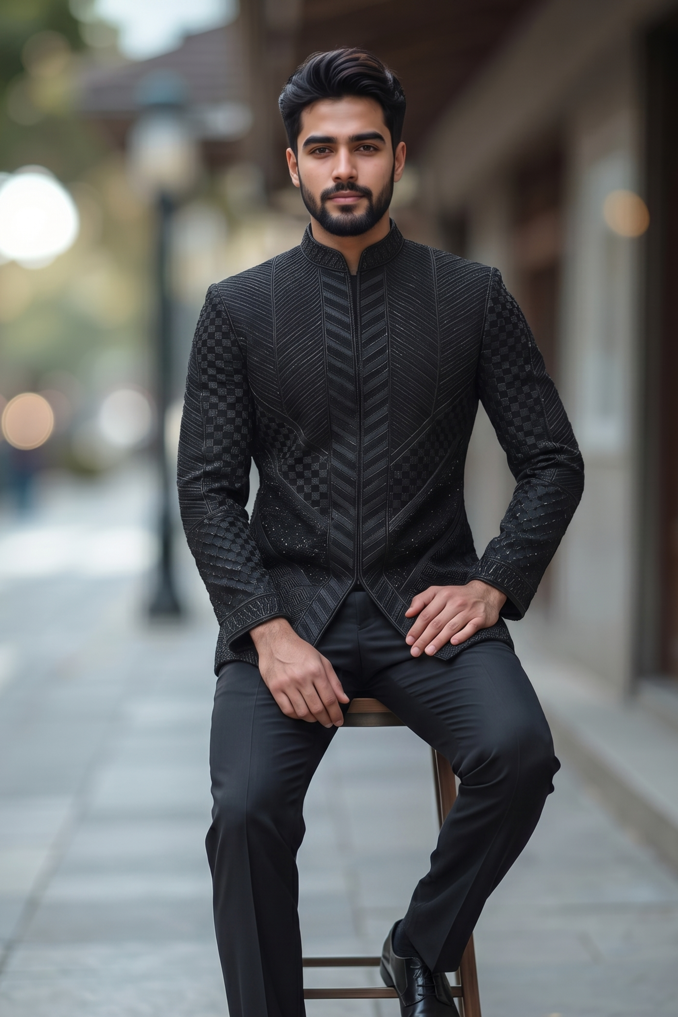 Midnight Black italian Chevron Textured Bandhgala