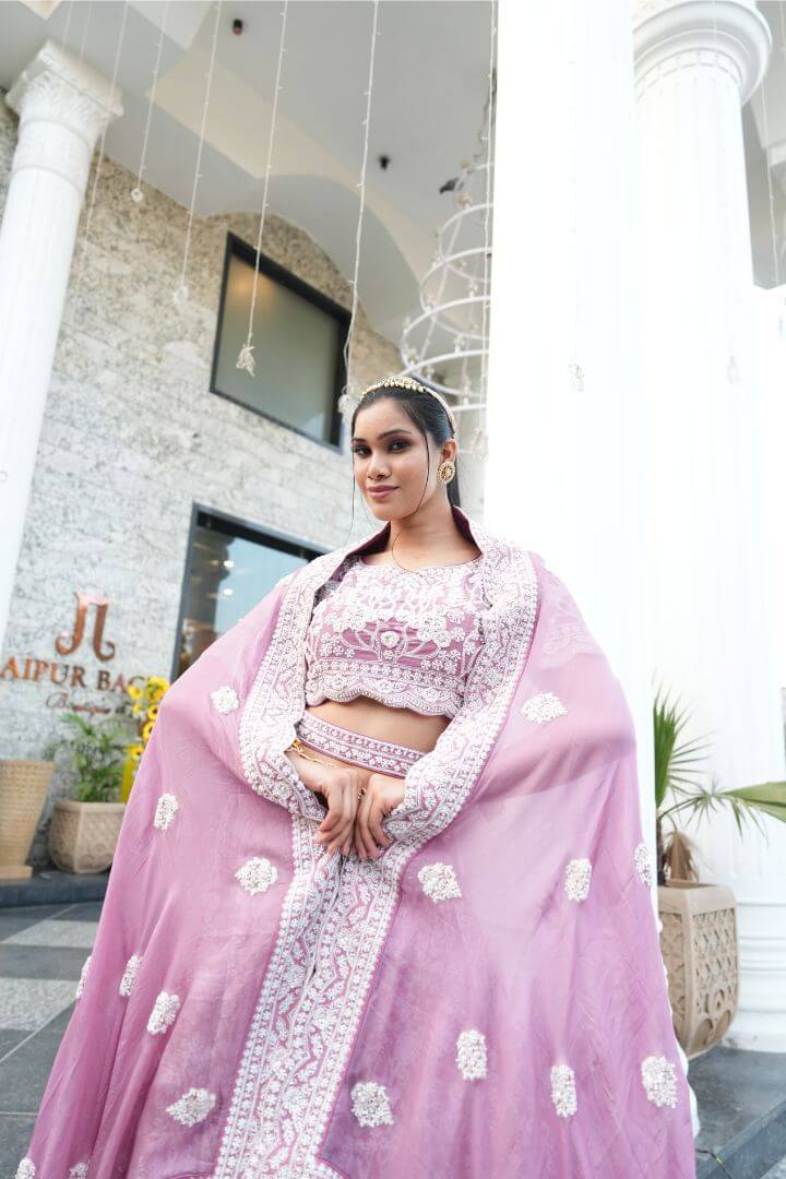 White & Lavender Embellished Party Lehenga Set