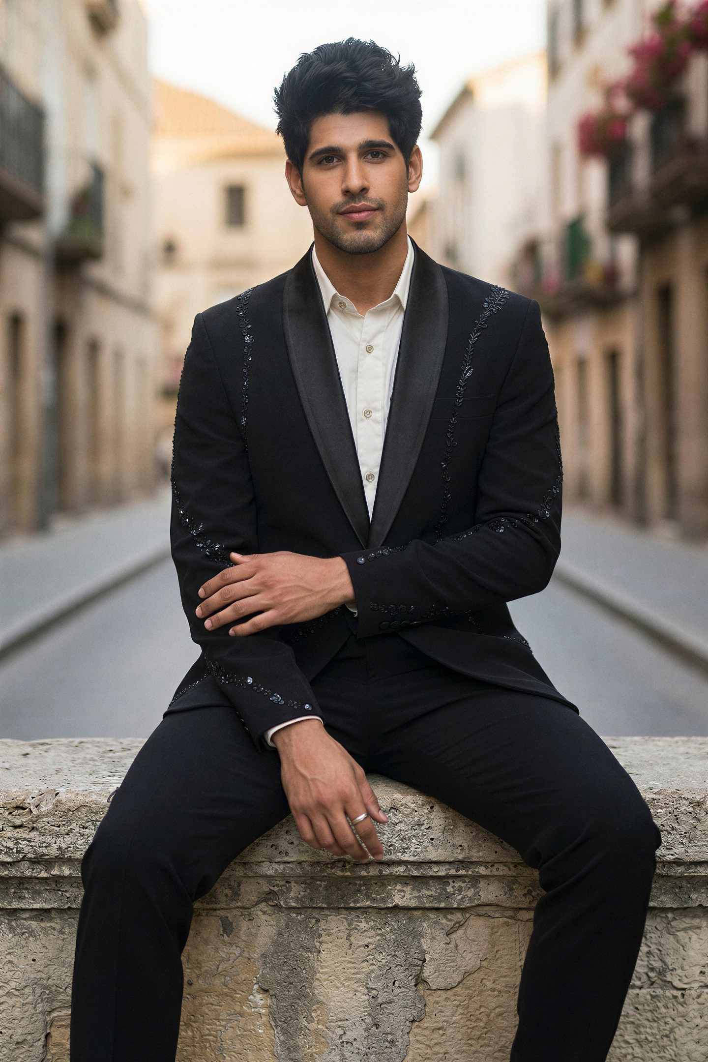 Midnight Black Embroidered Tuxedo Blazer