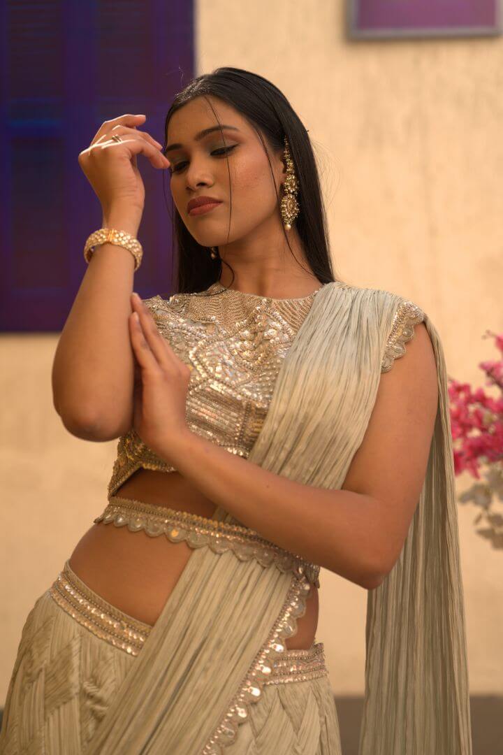 Champagne Gold Embellished Crop Top, Skirt & Drape Set