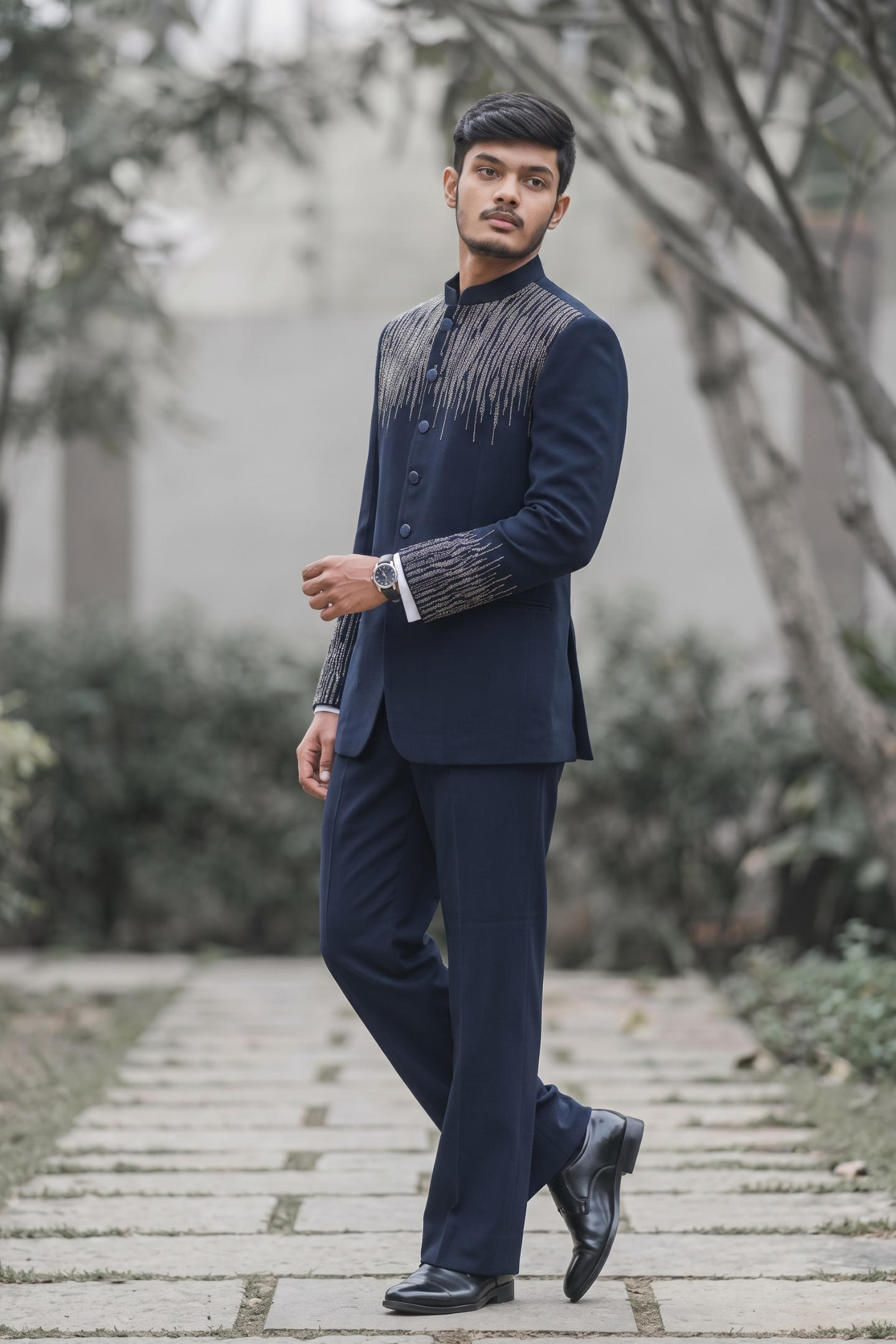 Midnight Blue Crystal Cascade Jodhpuri Suit