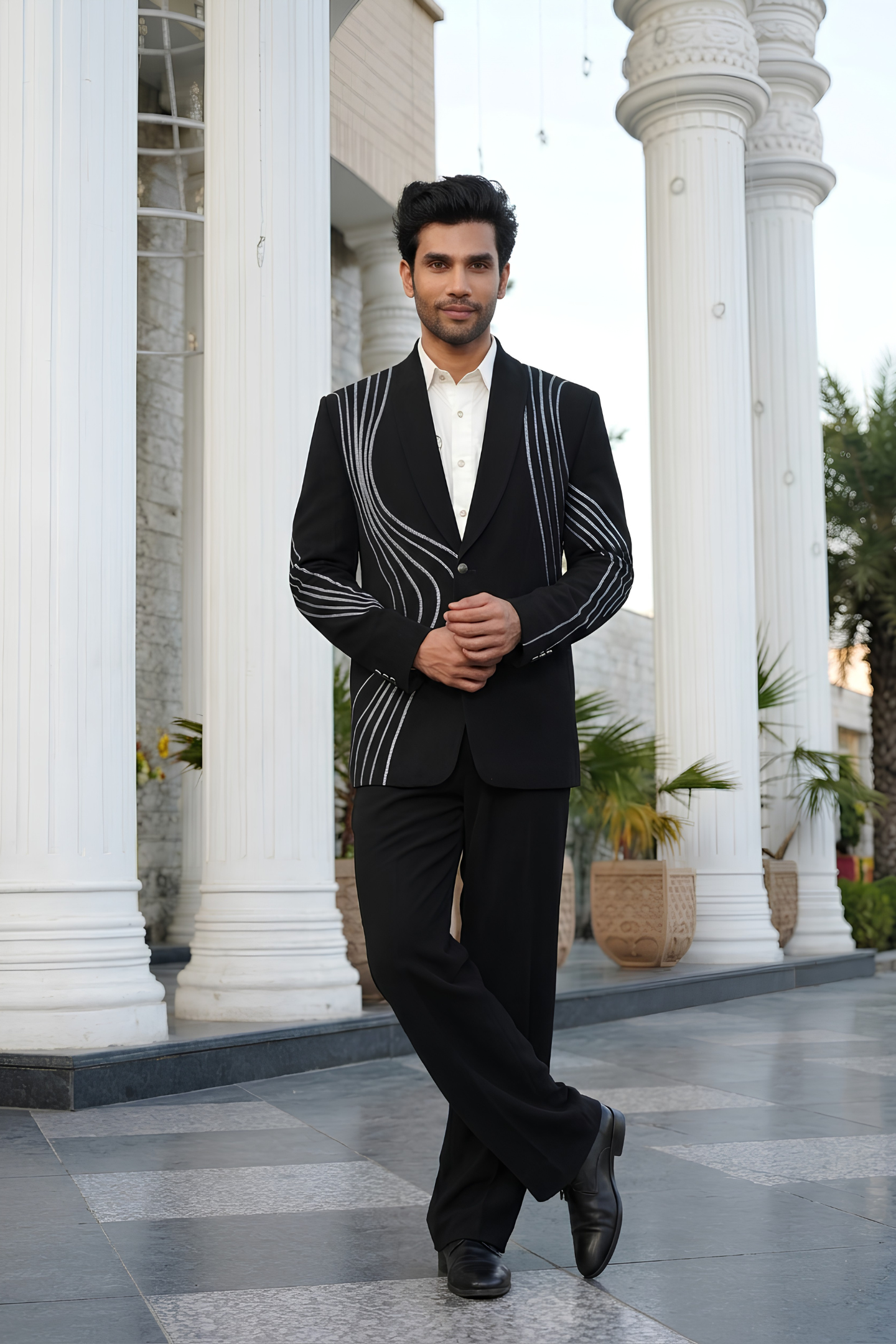 Black Light Blue Curved Line Embroidered Tuxedo Blazer