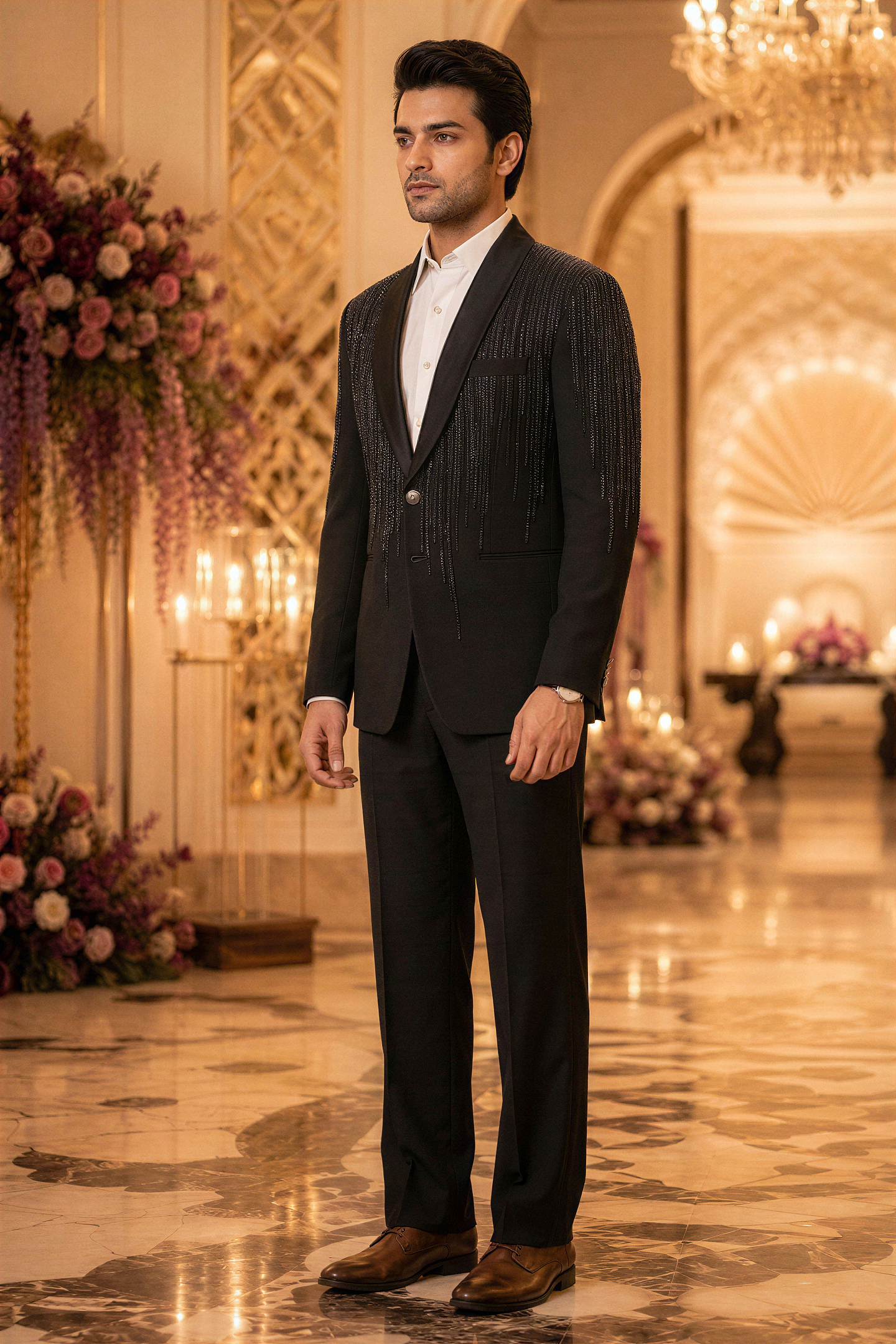Bottle Green Cascading Beaded Tuxedo