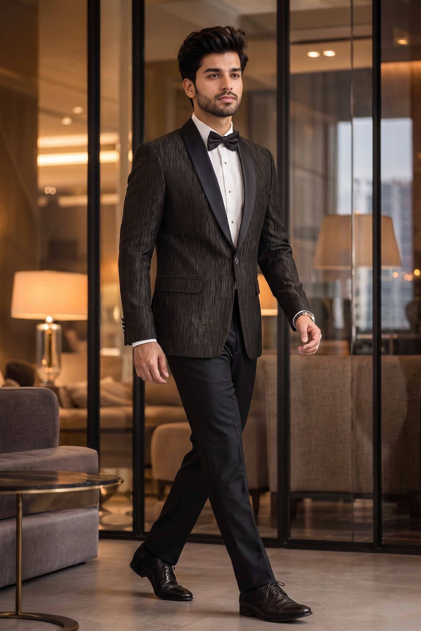 Charcoal Brown Textured Shawl Lapel Tuxedo