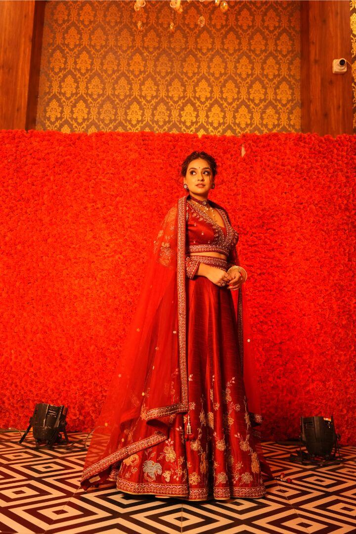 Tomato Red Embroidered Bridal Lehenga