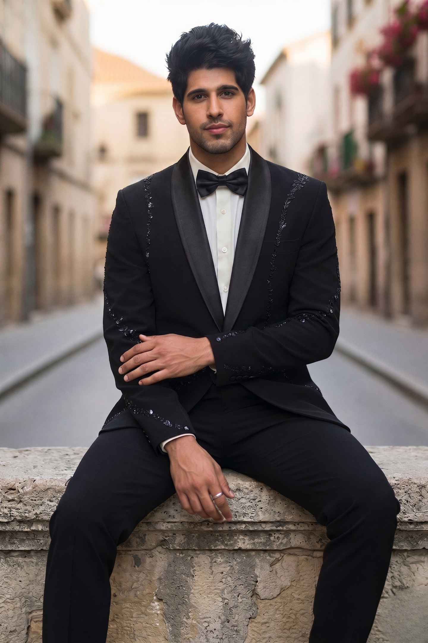 Midnight Black Embroidered Tuxedo Blazer