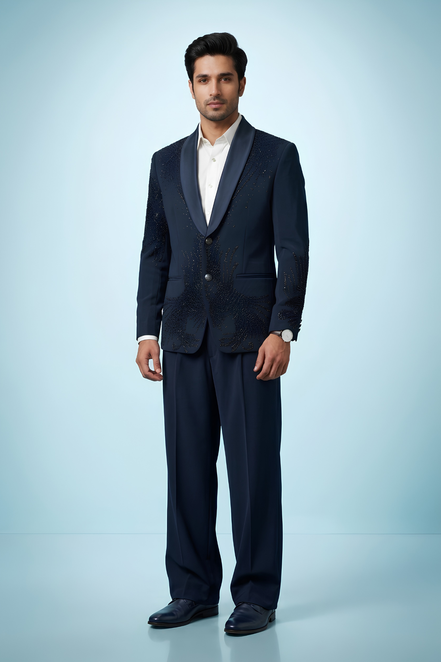 Midnight Blue Beaded Tuxedo Blazer