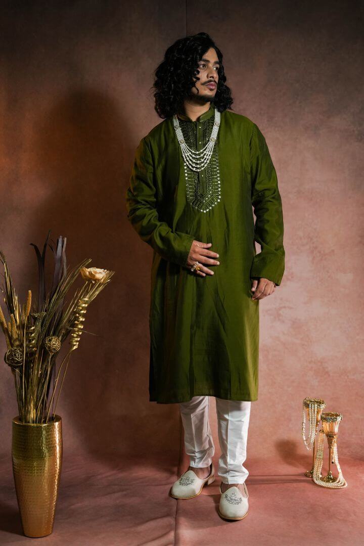 Olive Green Embroidered Kurta Set with Dupatta