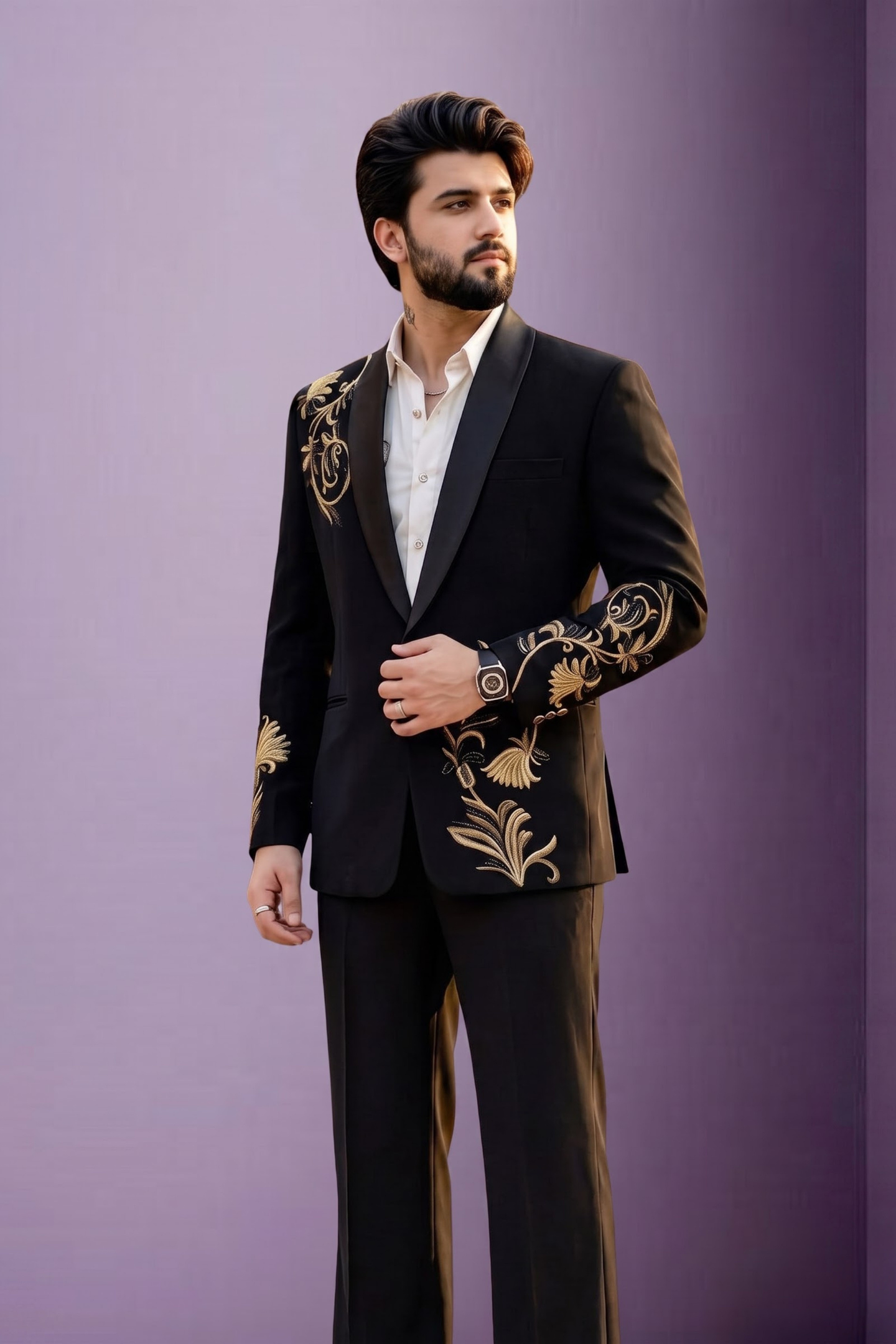 Black Royal Floral Embroidered Tuxedo Blazer