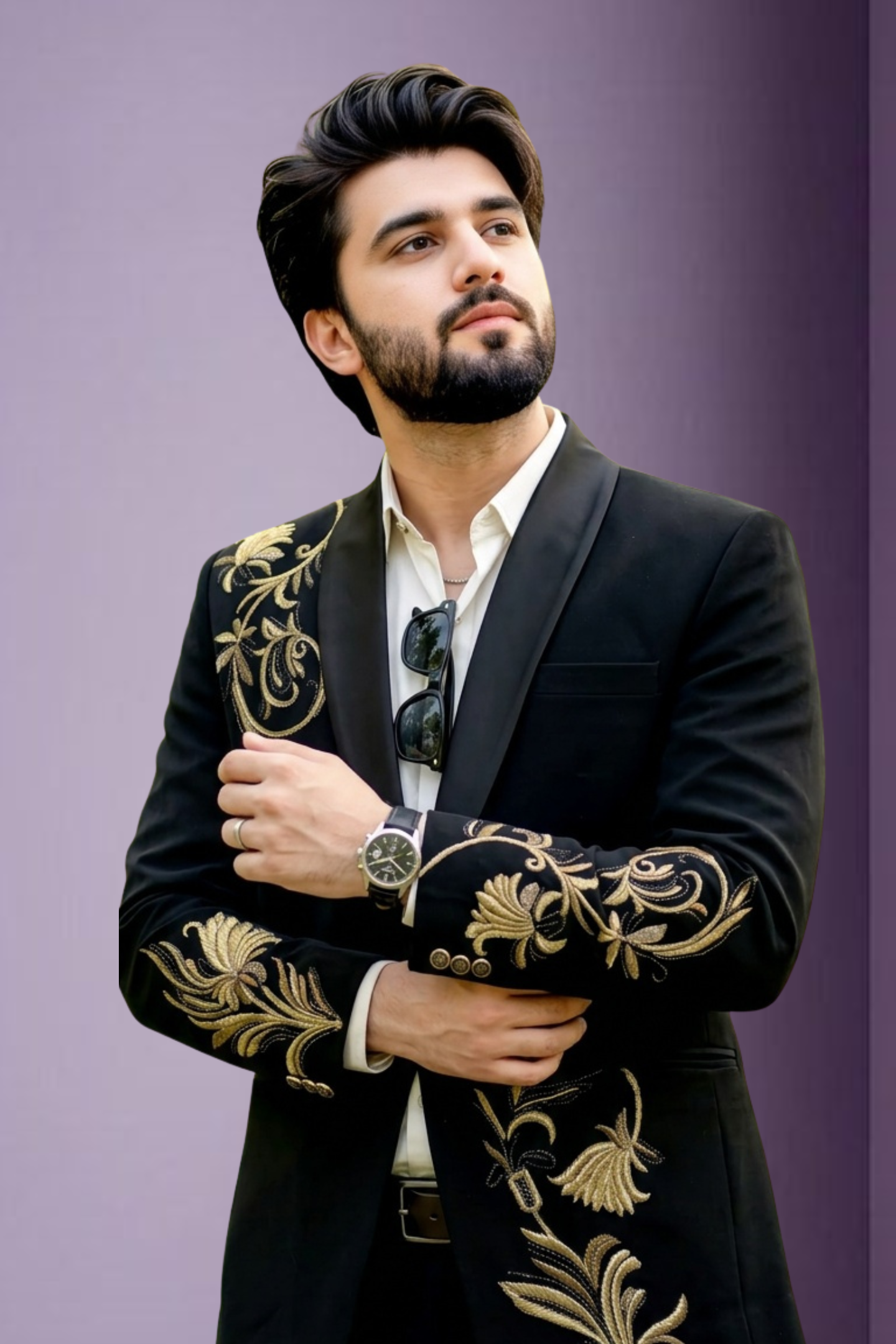 Black Royal Floral Embroidered Tuxedo Blazer