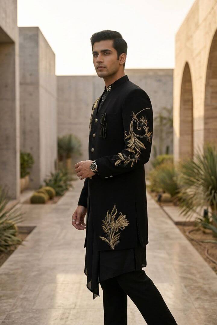 Black Royal Floral Embroidered Indo-Western