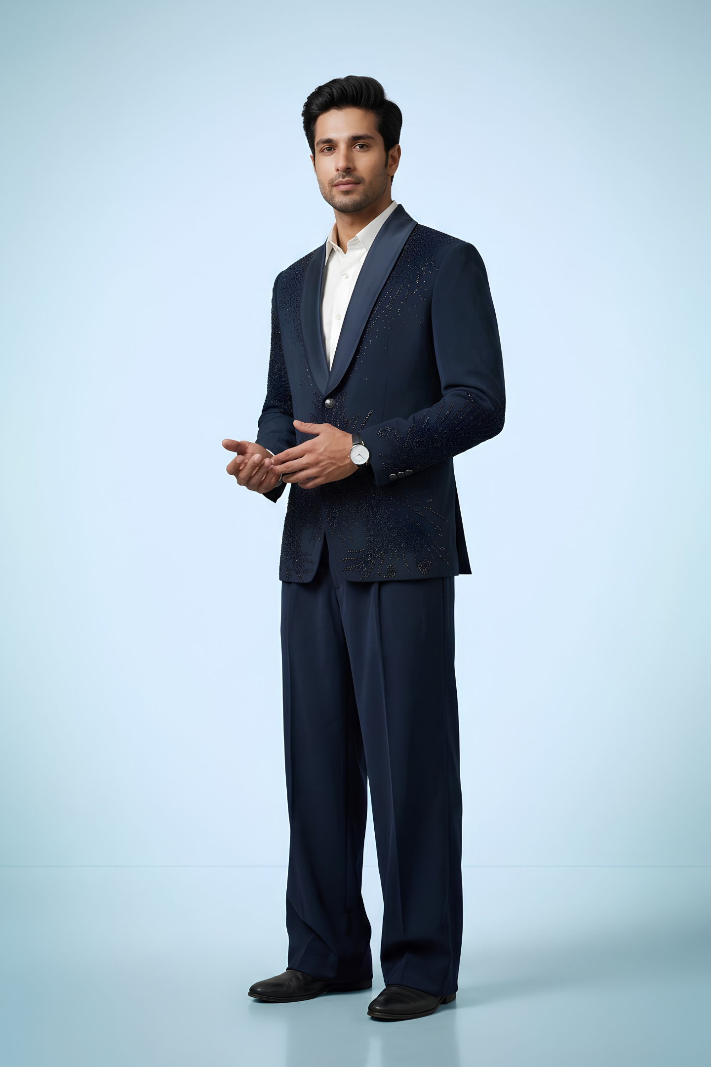 Midnight Blue Beaded Tuxedo Blazer