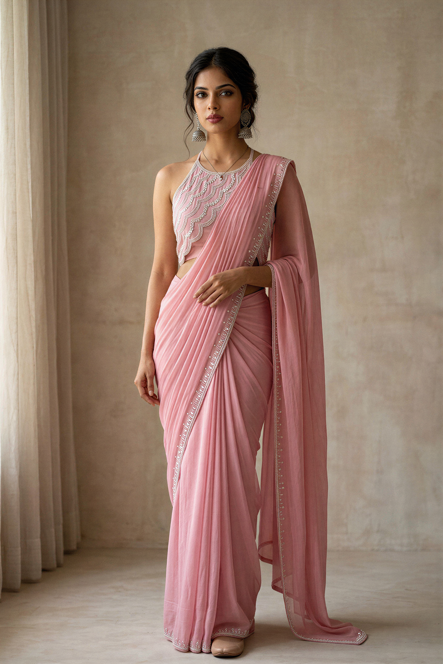 Blush Pink Embellished Drape Saree Gown