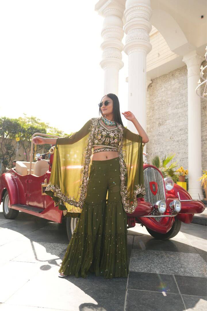 Olive Green Embellished Crop Top, Sharara & Cape Set