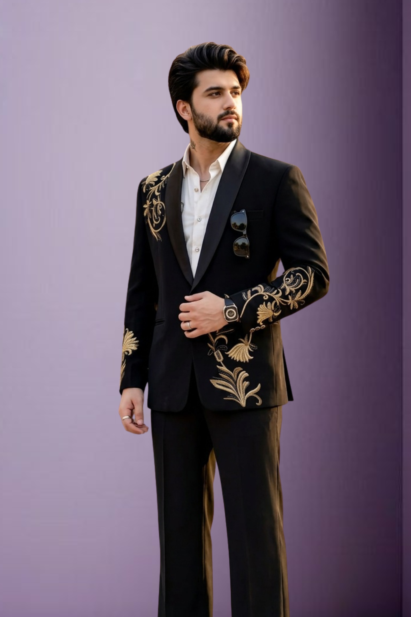 Black Royal Floral Embroidered Tuxedo Blazer