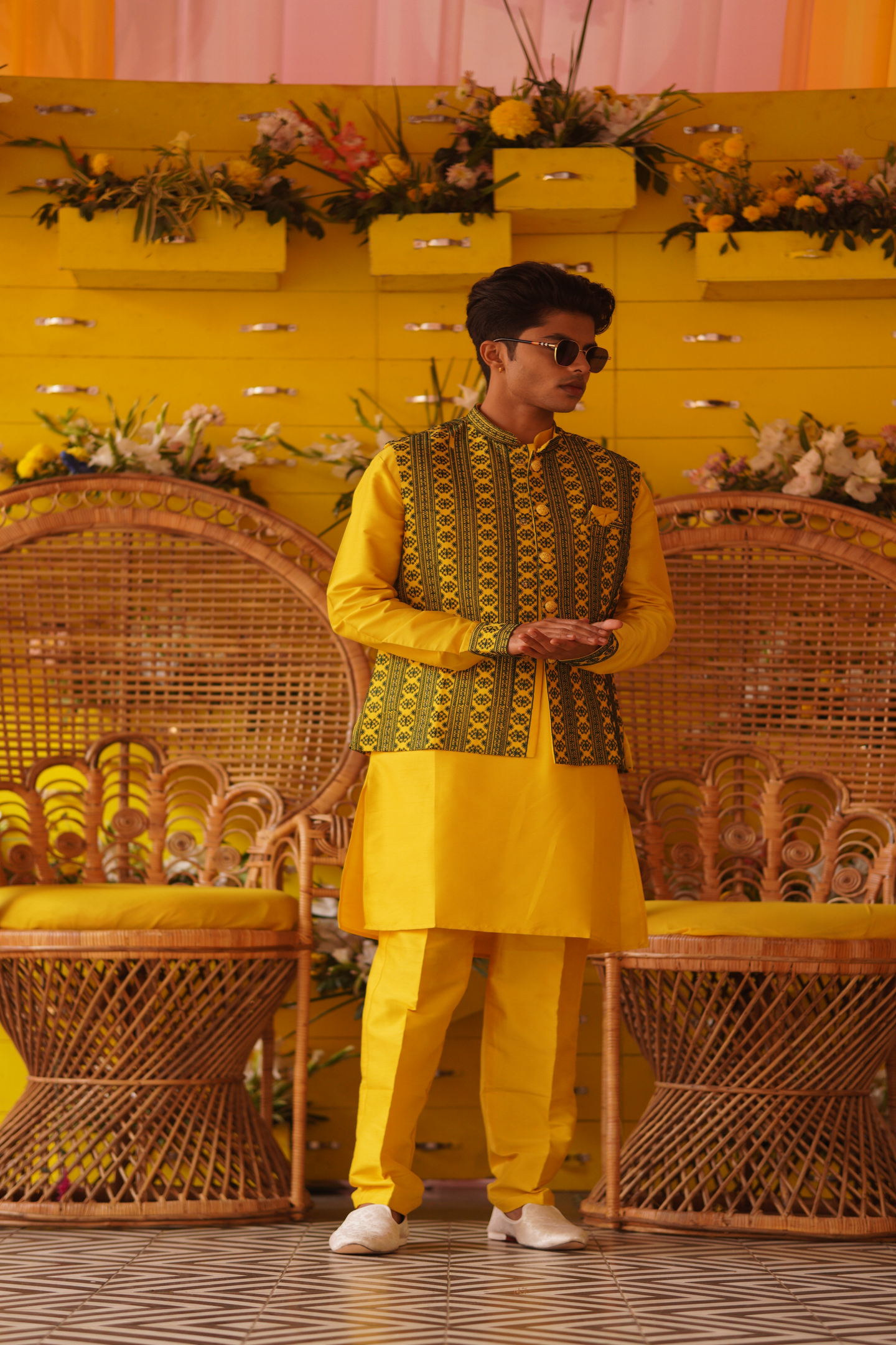 Sunshine Yellow Printed Nehru Jacket Kurta Set