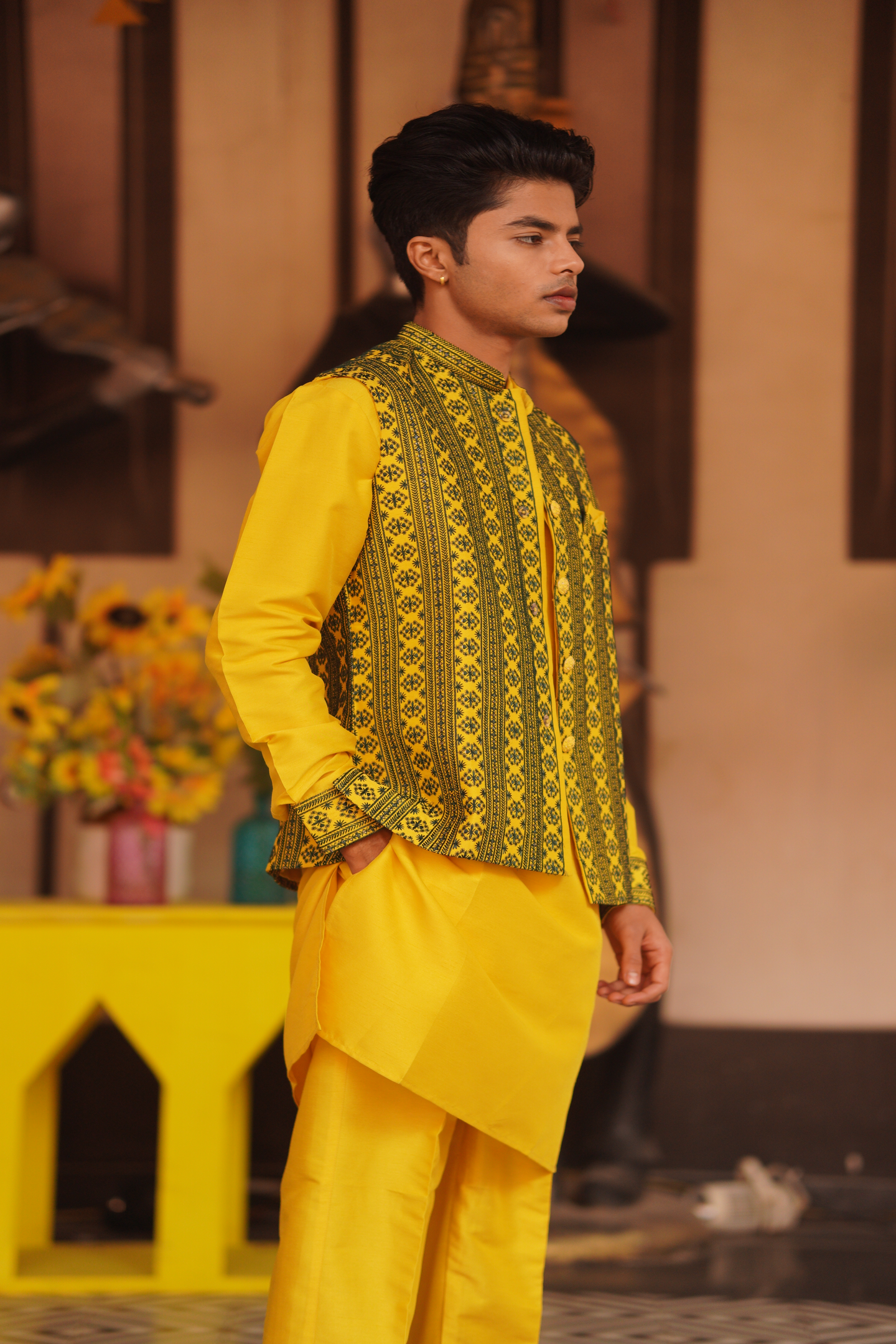 Sunshine Yellow Printed Nehru Jacket Kurta Set