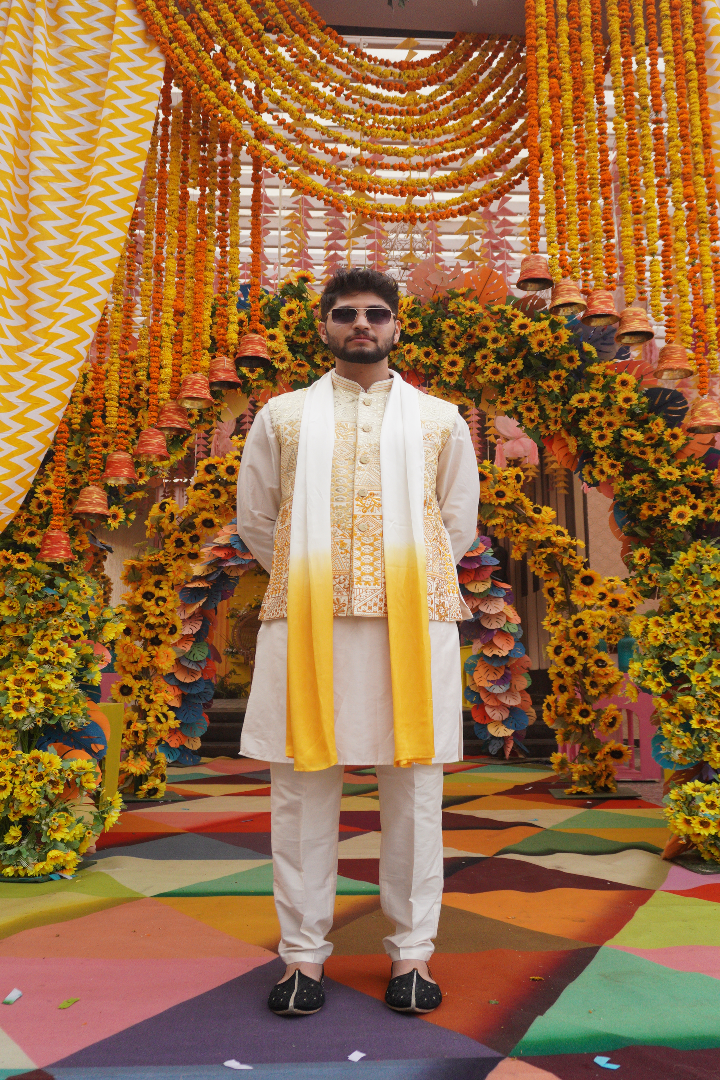 Ivory & Gold Embroidered Kurta Jacket Set