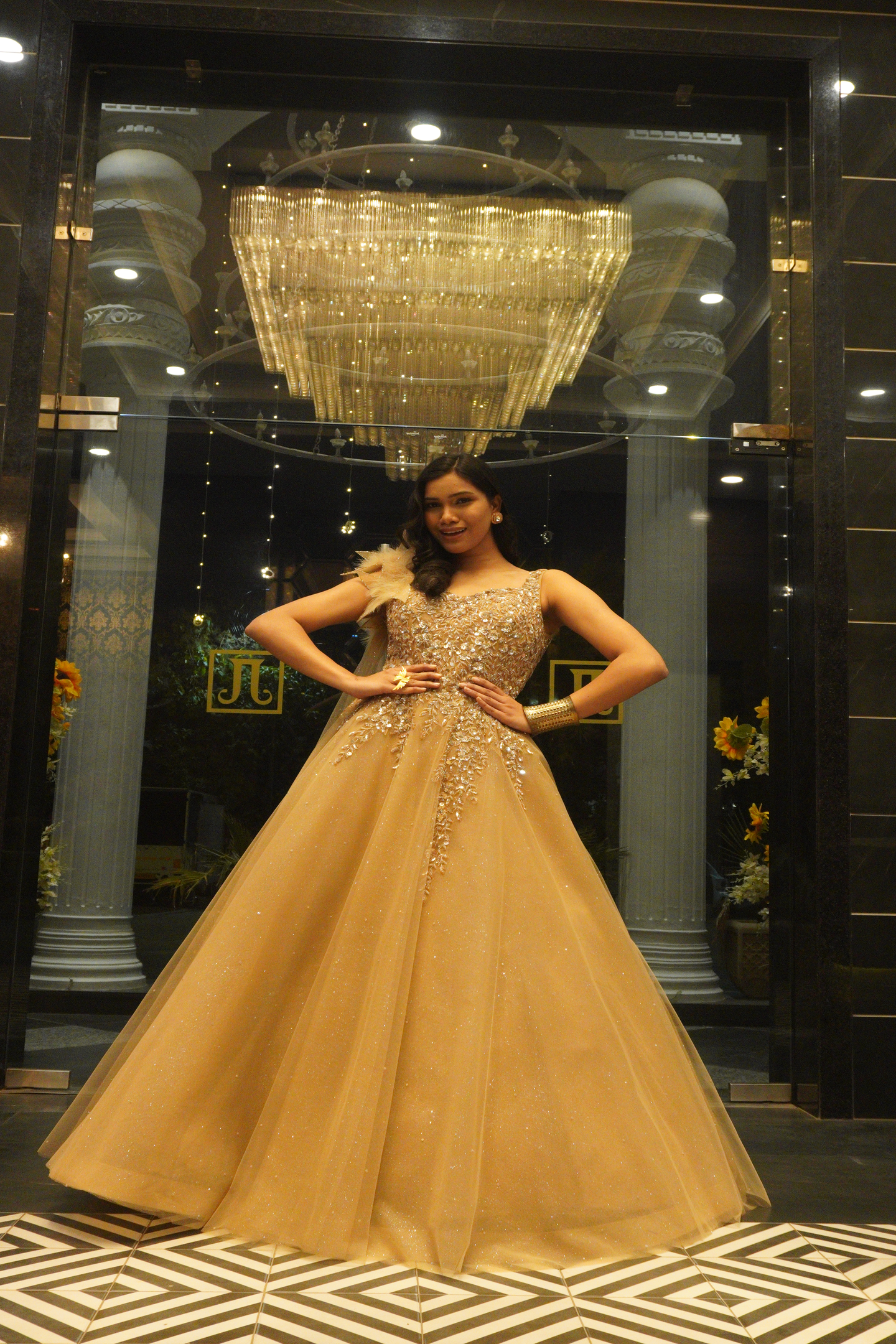 Champagne Gold Embellished Ball Gown