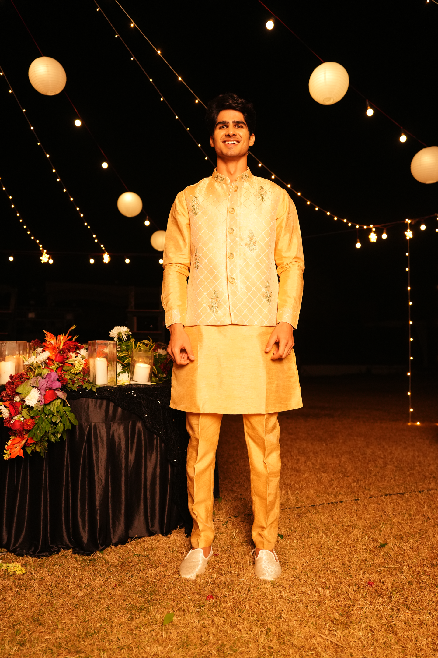 Golden Beige Floral Embroidered Nehru Jacket Kurta Set