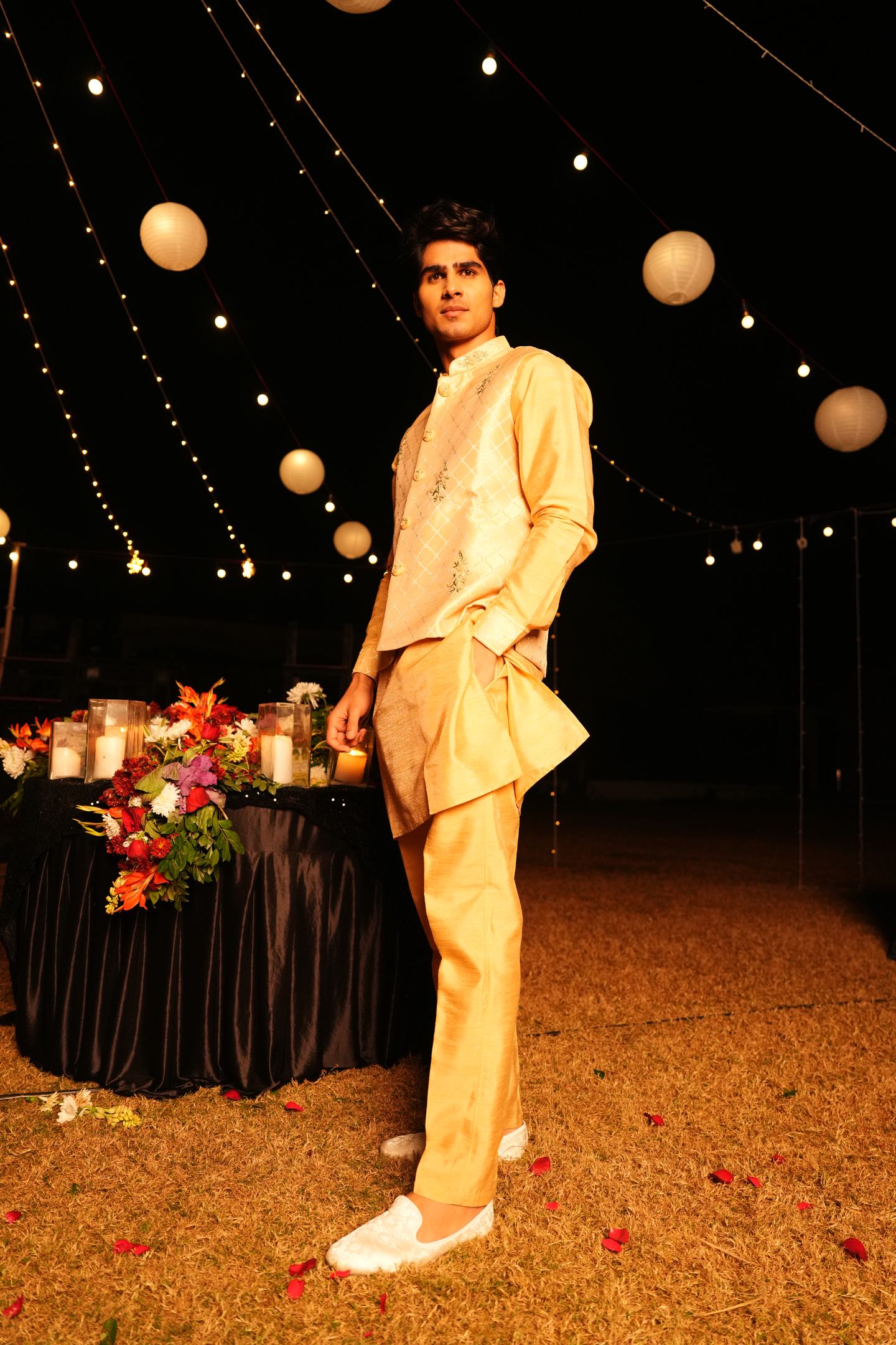 Golden Beige Floral Embroidered Nehru Jacket Kurta Set