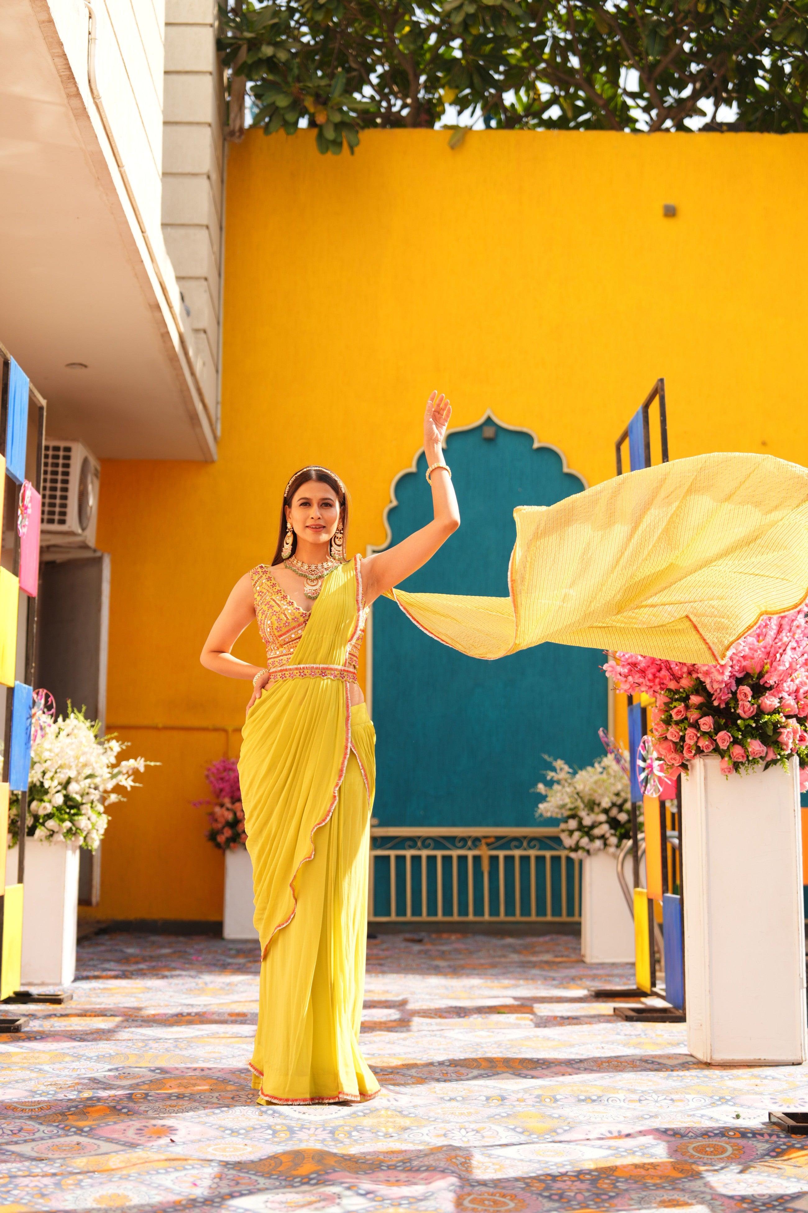 Lime Green Embellished Drape Saree