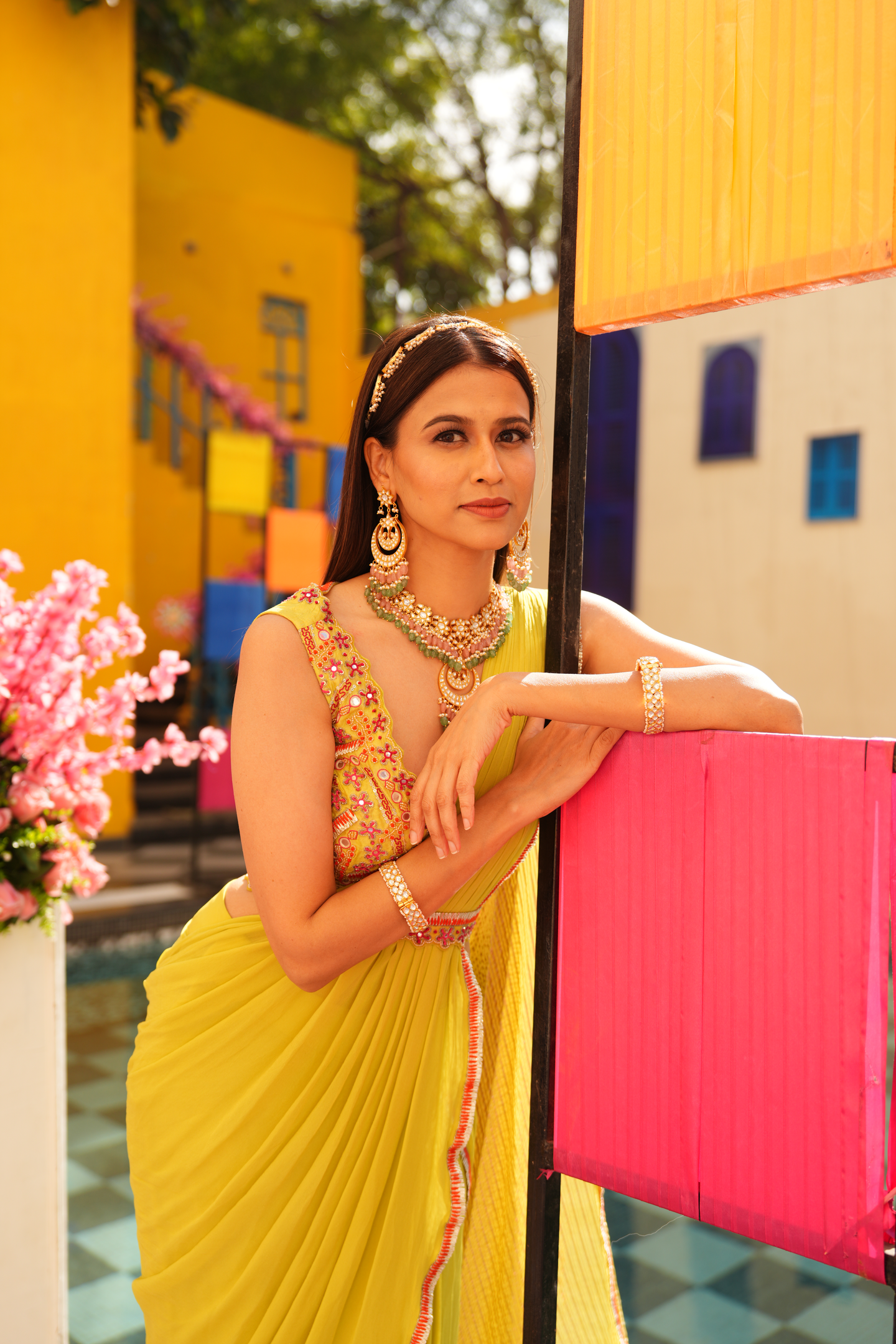 Lime Green Embellished Drape Saree