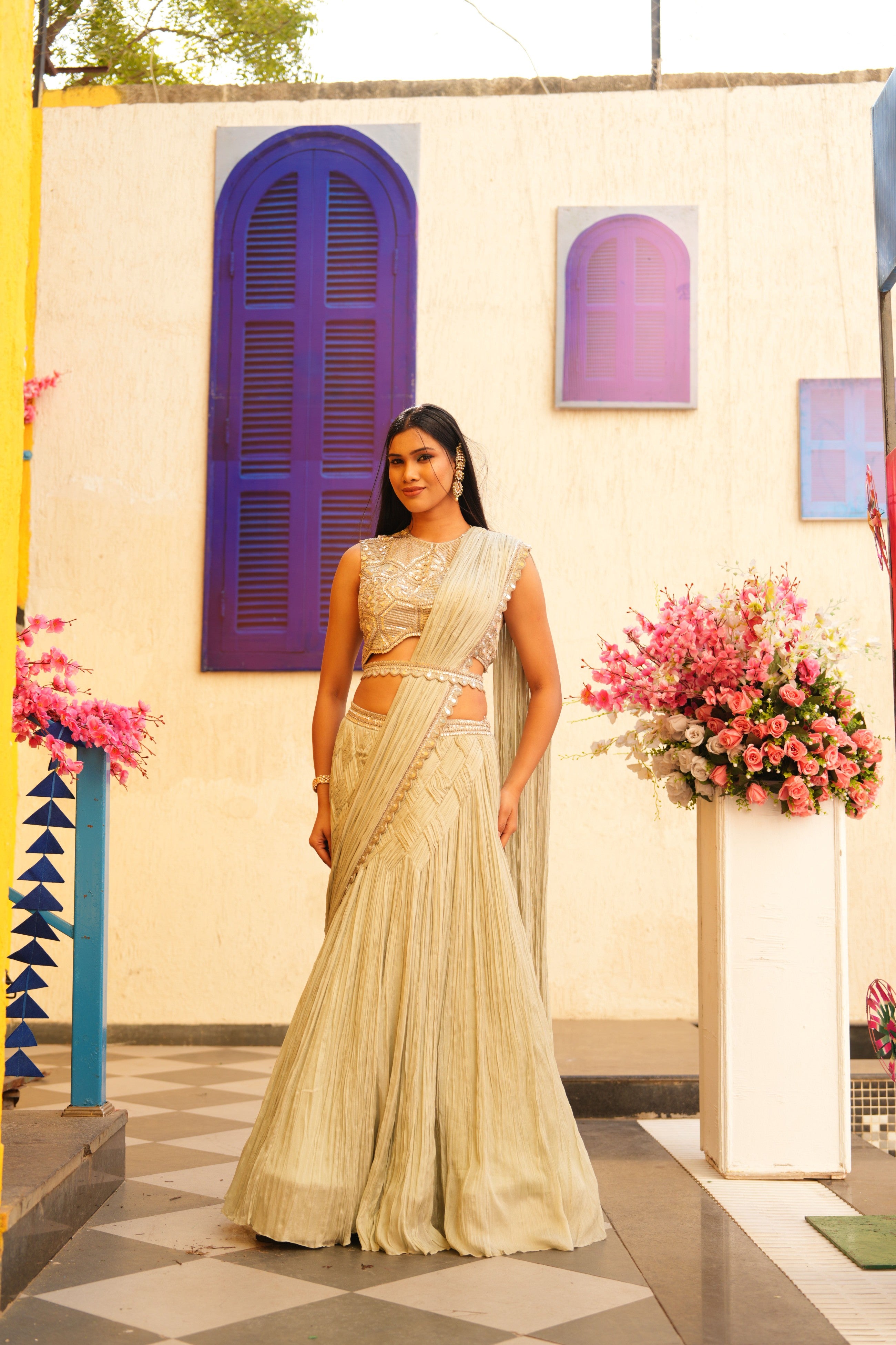 Champagne Gold Embellished Crop Top, Skirt & Drape Set